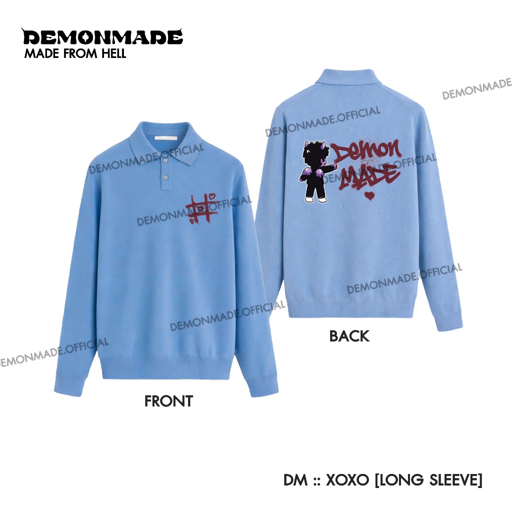 DEMONMADE เสื้อแขนยาวคอปก xoxo  สีฟ้า Unisex ใส่สบาย ระบายอากาศดี