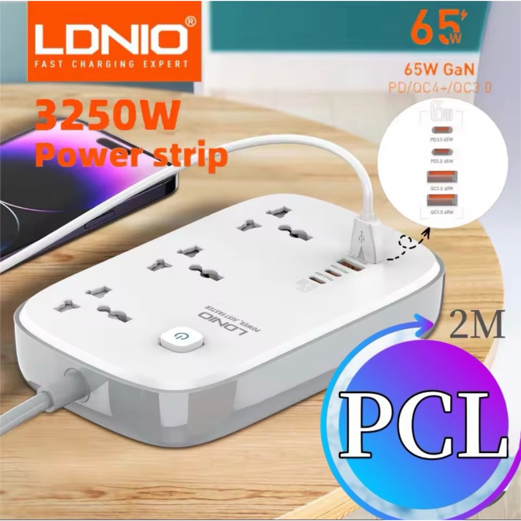 LDNIO SC3416 ปลั๊กพ่วง ปลั๊กไฟ 3Socketรองรับ65W PD3.0+60W QC3.0 Fast chargeชาร์จเร็ว กำลังไฟ 3250W-สายยาว 2เมตร SC3416