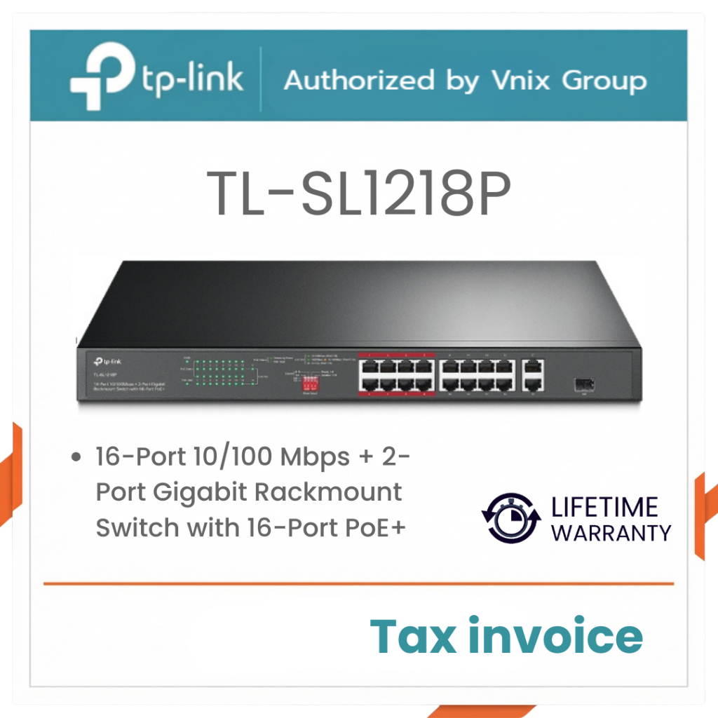 TL-SL1218P TP-Link 16-Port 10/100 Mbps + 2-Port Gigabit Rackmount Switch with 16-Port PoE+ By Vnix G