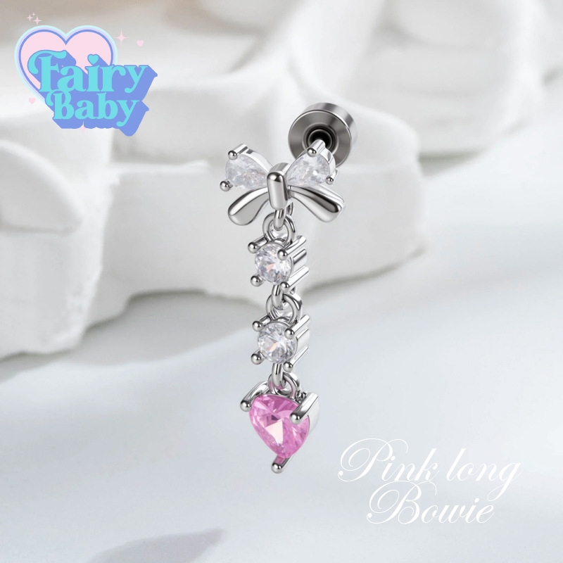 Fairybaby จิว Pink Long Bowie ( 1 ชิ้น ) แป้นแบน จิวหู โบว์ ตุ้งติ้ง ก้าน 0.8 ยาว 6 mm (J3-163)