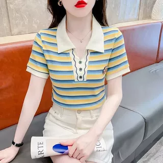 เสื้อโปโลลายทางแฟชั่น แขนสั้น สำหรับผู้หญิง สไตล์ใหม่ฤดูร้อนปี 2026 ทรงหลวม ใส่แล้วดูผอมเพรียว เก๋ไก๋ สวมใส่ได้หลากหลายโ