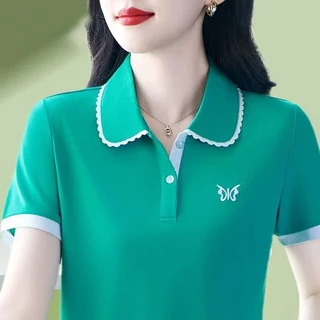 เสื้อยืดแขนสั้นมีปกสำหรับผู้หญิง สไตล์ใหม่สำหรับฤดูร้อน ใส่ได้หลายโอกาส ทันสมัย ​​ดูอ่อนเยาว์ มีไซส์ใหญ่ ช่วยให้ดูผอมเพร