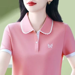 เสื้อยืดแขนสั้นมีปกสำหรับผู้หญิง สไตล์ใหม่สำหรับฤดูร้อน ใส่ได้หลายโอกาส ทันสมัย ​​ดูอ่อนเยาว์ มีไซส์ใหญ่ ช่วยให้ดูผอมเพร