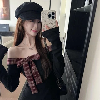 [Sheing office]🌟พร้อมส่ง🌟เสื้อยืดแขนยาวเปิดไหล่สำหรับผู้หญิง ประดับโบว์