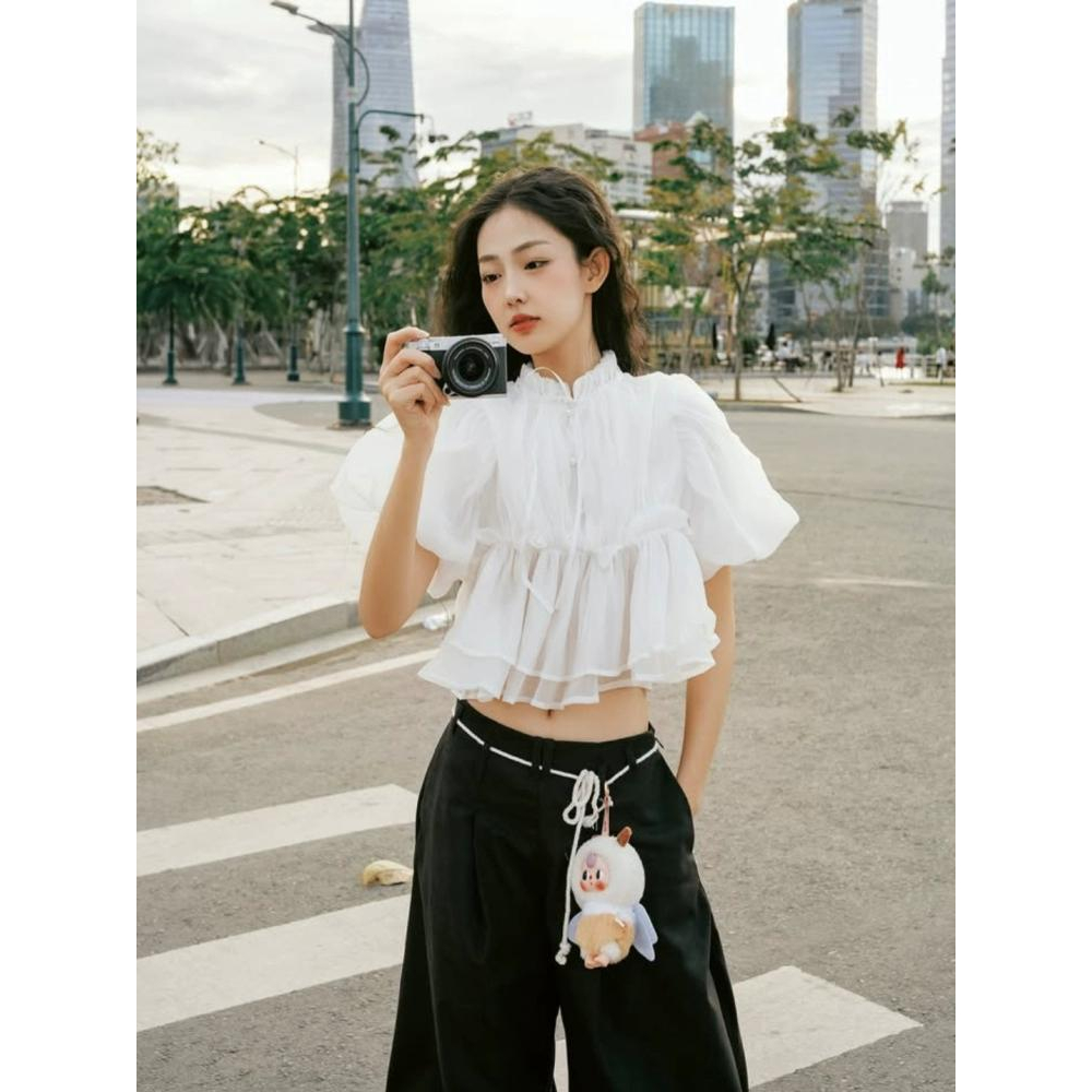 【Karlyn】TS0152# เสื้อชีฟองคอจีน แขนจั๊มแต่งกระดุม  ผ้าเบาใสาสบาย ดีเทลสวย แมชง่าย