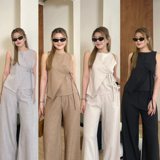 Abbi Set:: ชุดเซ็ทขายาว 5 สี ชุดเซ็ทขายาวเสื้อแขนกุดผูกอก แต่งผูกโบว์หน้า เรียบร้อย ทำงาน BETTY (B043)