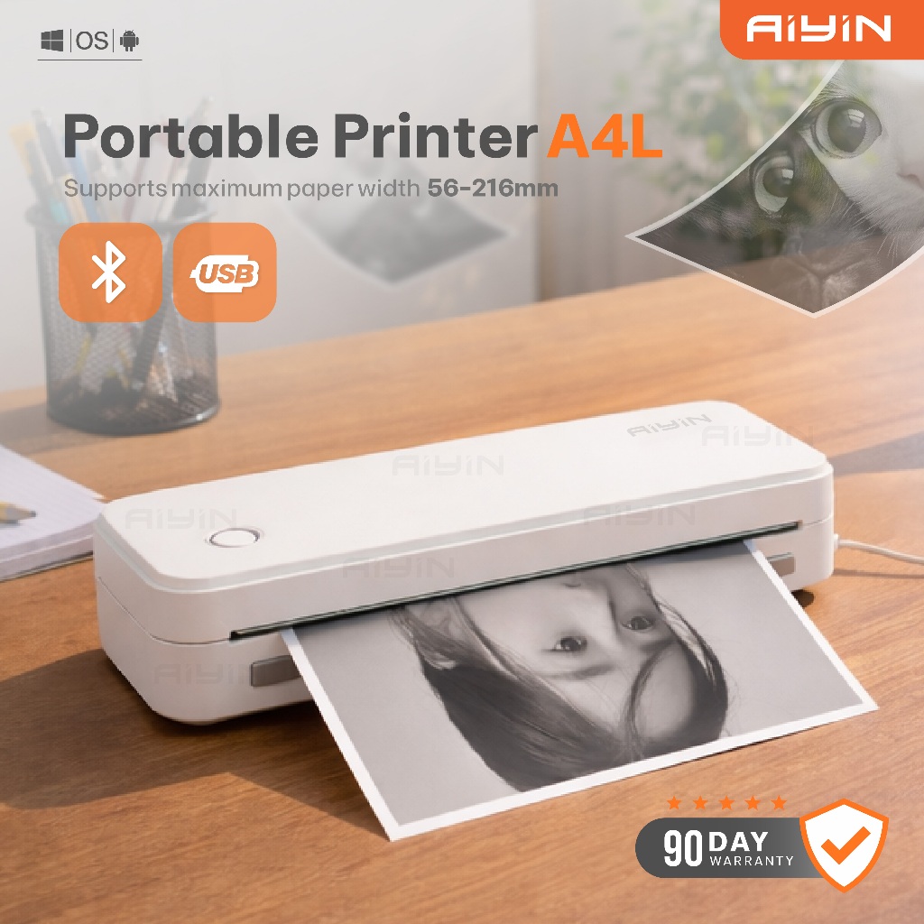 AiYin A4L  เครื่องปริ้นกระดาษความร้อน เครื่องปริ้นพกพา A4 ไม่ใช้หมึก Multifunction Printer BT