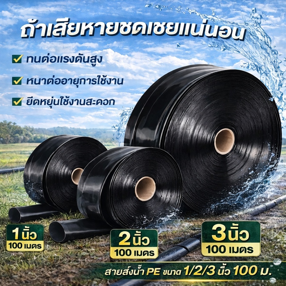 สายส่งน้ำPE 1-3 นิ้ว ม้วน 100 เมตร รับแรงดันสูง 7 บาร์ ทนแดดทนฝน น้ำหนักเบา เคลื่อนย้ายสะดวก สายส่งน้ำผ้าใบ ท่อส่งน้ำ สา