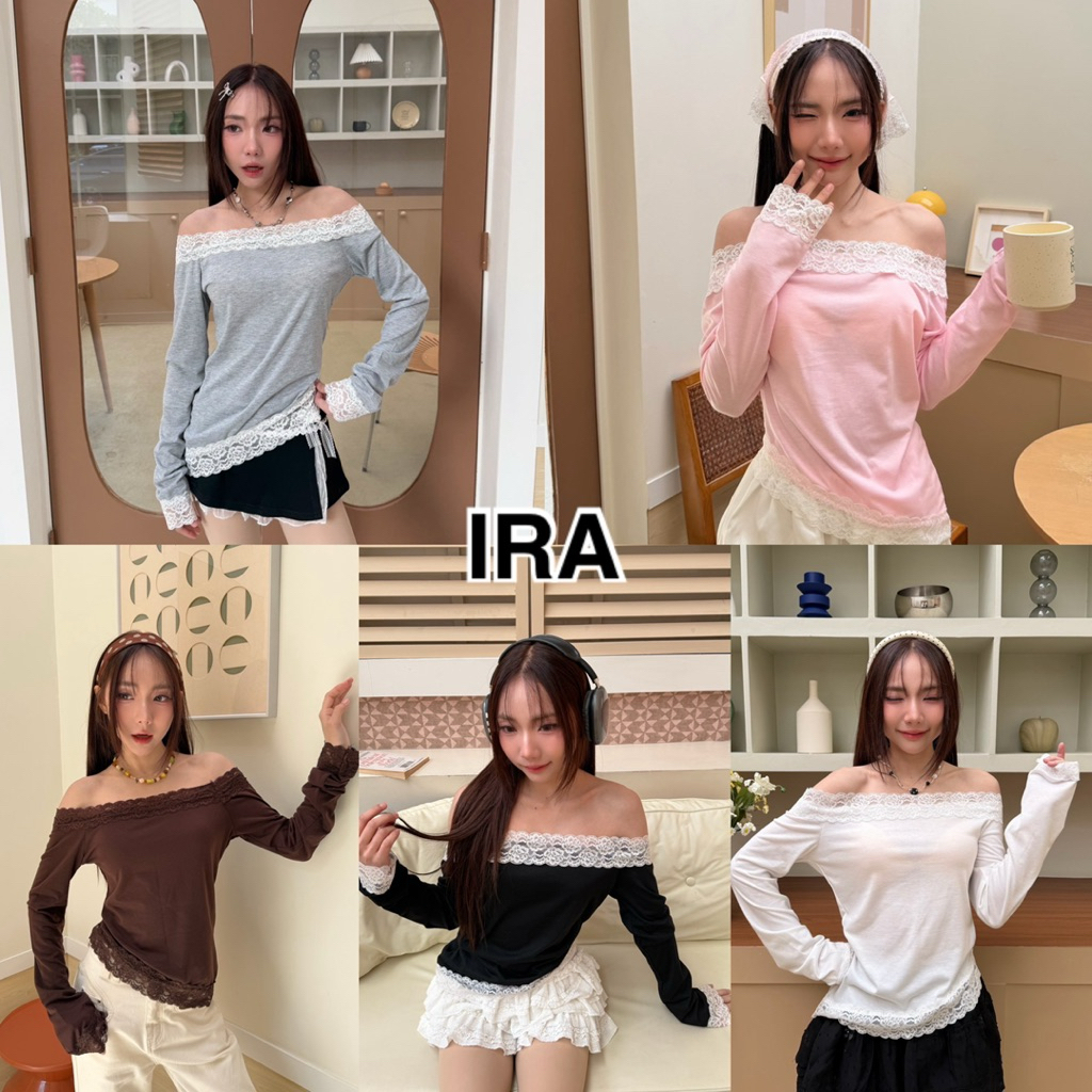 BY IRA  (23301) Charlotte Top เสื้อปาดไหล่ แต่งขอบลูกไม้มั้งตัว  ใส่สบาย ทรงเข้ารูป