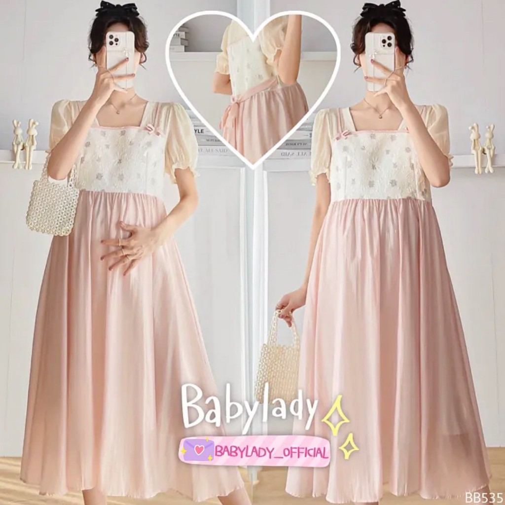 [BB 535] ชุดคลุมท้อง | BABYLADY ♡ - เดรสชีฟอง แขนตุ๊กตา โบว์อก กระโปรงตัดต่อสีชมพู มีซับใน