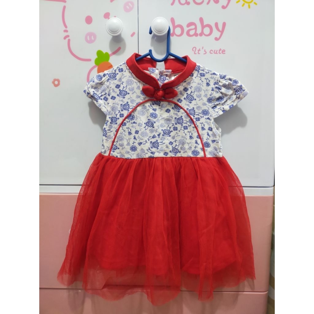 มือสอง มีตำหนิ เดรสตรุษจีนเด็ก กี่เพ้า ชุดสีแดง ป้ายBNO 18M 1-2ขวบ