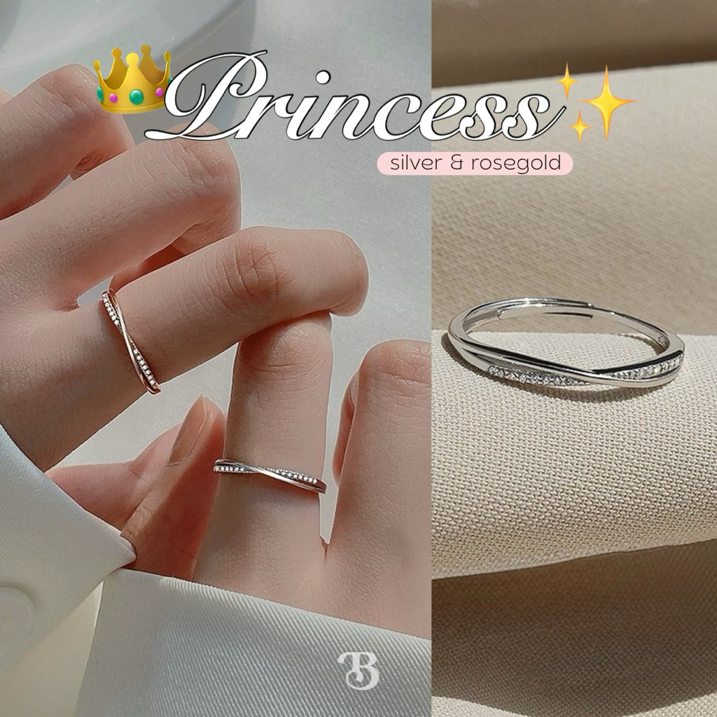 ꒰ แหวน Princess ring แหวนเงินแท้ ฝังเพชรสวิสเม็ดเล็ก น่ารักแบบสุดๆ แหวนฟรีไซส์ (Silver925) - Burwoodstore