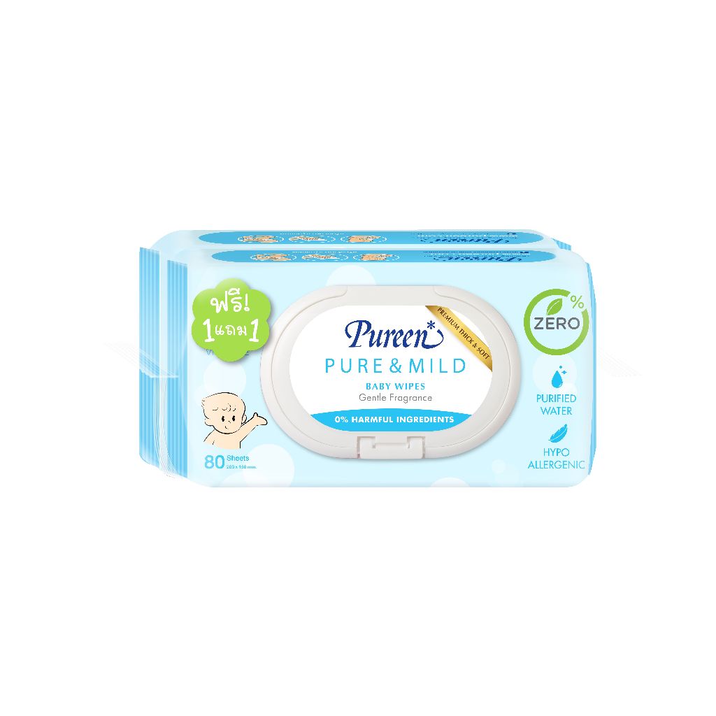 [Clearance] [1 แถม 1] Pureen เพียวรีน เบบี้ไวพส์ เพียวแอนด์มายด์ 80 แผ่น ส่วนผสมอโรเวร่าและวิตามินอี ชุ่มชิ้น มีกลิ่นหอม
