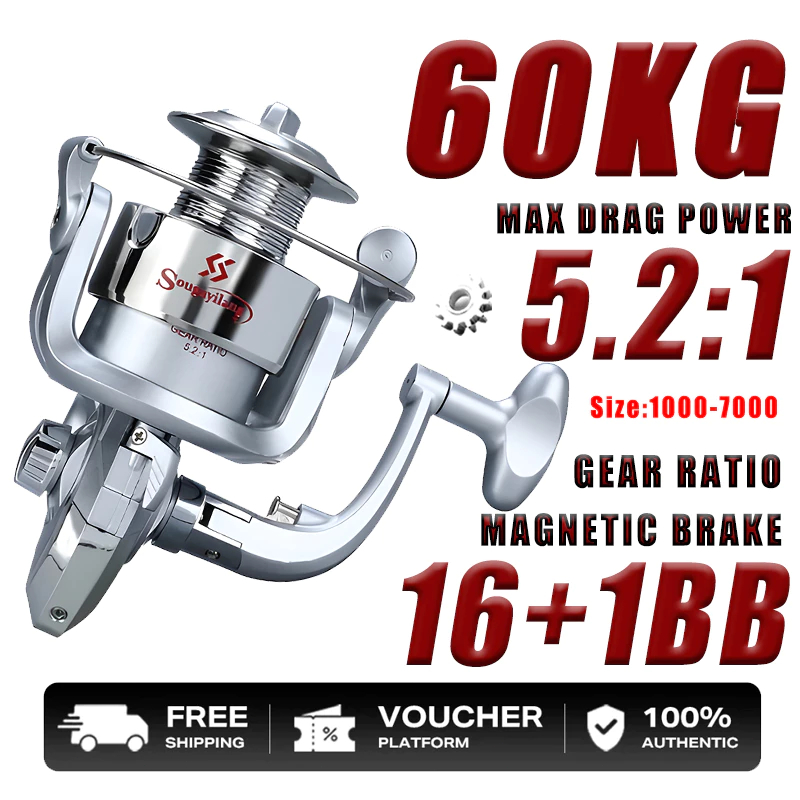รอกสปินนิ่ง รอกตกปลา 1000-4000 อัตราทดเกียร์ 5.2:1 แรงลากสูง 60kg ใช้งานง่ายน้ำหนักเบา แข็งแรง