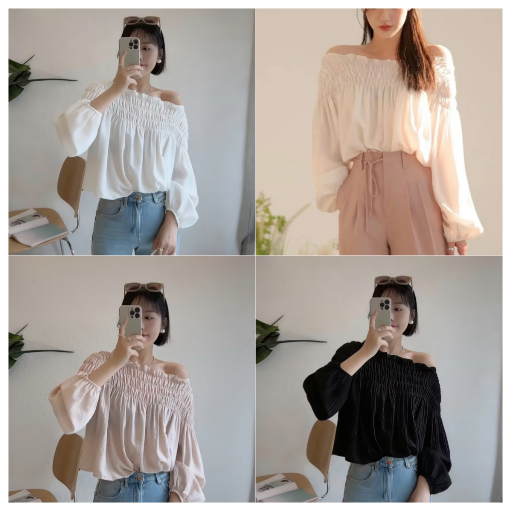 Bella Shop เสื้อเชิ้ตแขนยาวคอกลมแขนพองสไตล์เกาหลีน่ารักสำหรับผู้หญิง ดีไซน์จีบพลีทสุดเก๋ ผ้านิ่มใส่สบาย