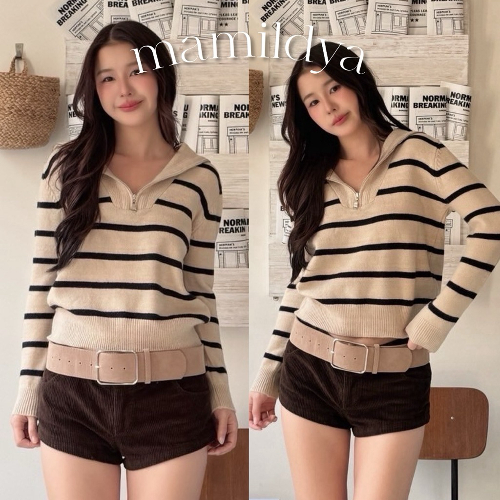 🌟Mamildya.shop🌟 เสื้อไหมพรมแขนยาวโปโล แต่งปกซิป/V1-4 /COOK-พรม1⚫