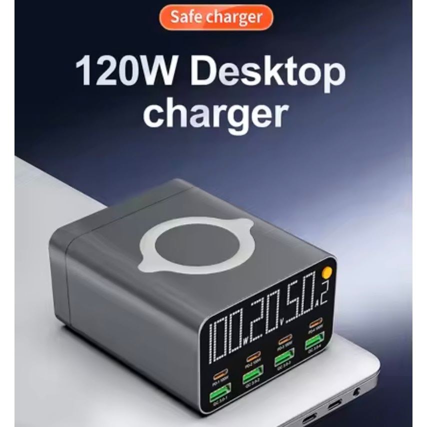 120W 8พอร์ต USB Charger Station ไร้สายชาร์จ QC3.0 PD3.0 Quick Charge สําหรับแล็ปท็อปแท็บเล็ตโทรศัพท์
