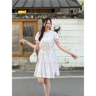 cherie dress 🌷💕🫶🏻ชุดเดรสลายดอกไม้ วินเทจ หวานพาสเทล แขนพอง กระโปรงระบาย สไตล์เกาหลี ใส่เที่ยว