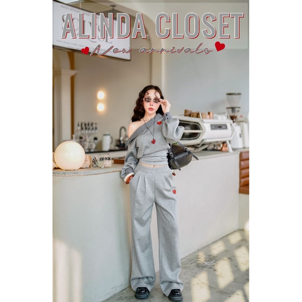 𝘼𝙇𝙄𝙉𝘿𝘼 𝘾𝙇𝙊𝙎𝙀𝙏 ᯓ ★ ชุดเซ็ทวอร์มปาดไหล่สีเทาอ่อน เนื้อผ้าดีมาก ทรงสวยมาก ใส่สบายแบบมีสไตล์น่ารักๆ