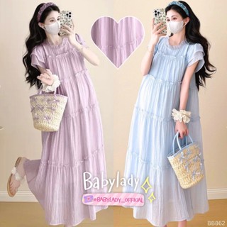 [BB 862] ชุดคลุมท้อง | BABYLADY ♡ - เดรสออร์แกนซานิ่ม ลายริ้…