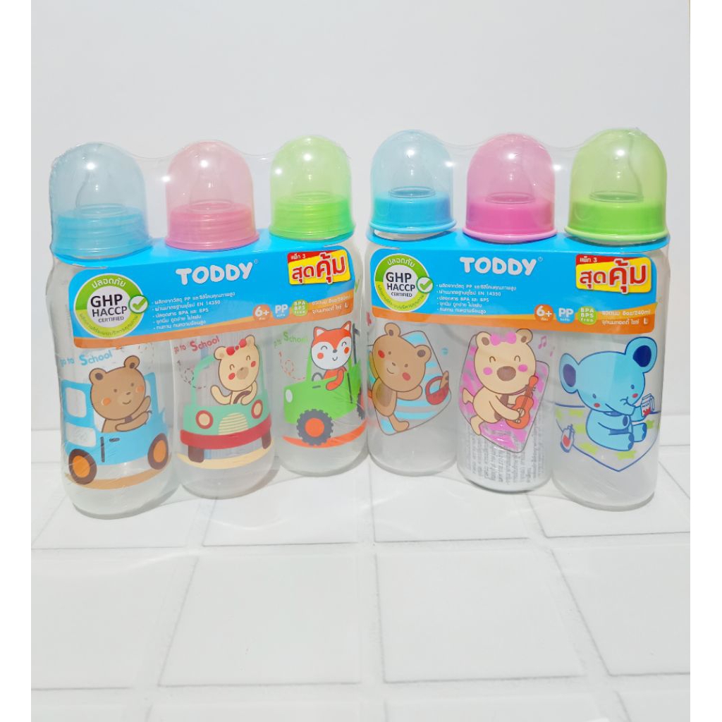 [ แพ็ค 3 ขวด ] Toddy ขวดนมเด็ก ขนาด 4 ออนซ์ และ 8 ออนซ์ ทรงถั่ว และทรงกลม