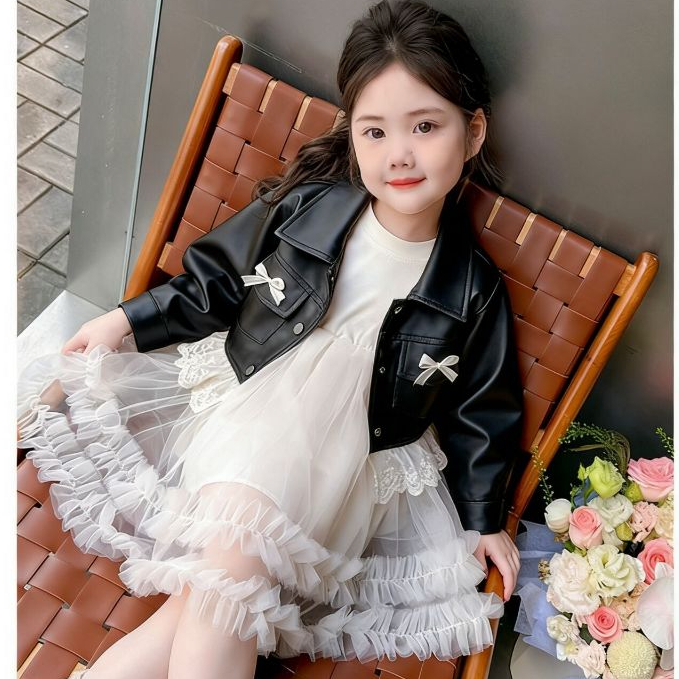 B568 ชุดเดรสเด็กผู้หญิง+เสื้อคลุมหนัง สีแดงและสีดำ