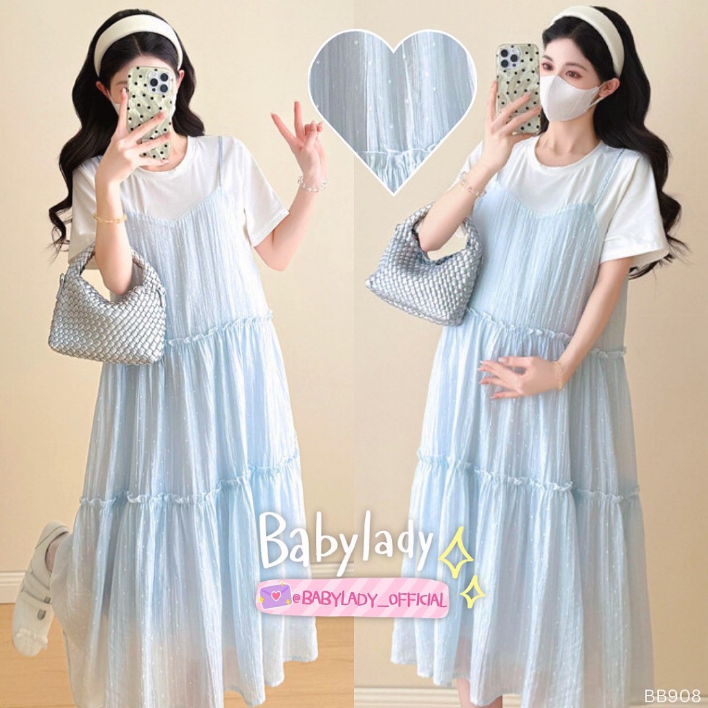 [BB 908] ชุดคลุมท้อง | BABYLADY ♡ - คอตตอนยืดตัดเอี๊ยมชีฟองลายจุด ระบายหวาน ซับในทั้งชุด