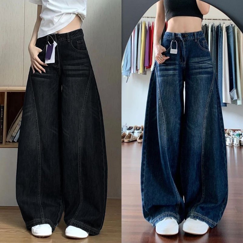 919JEANS กางเกงยีนส์ทรงหลวมโค้งมนสไตล์อเมริกันแบบยูนิเซ็กส์ ทันสมัย สีดำเข้ม สีน้ำเงินเข้ม