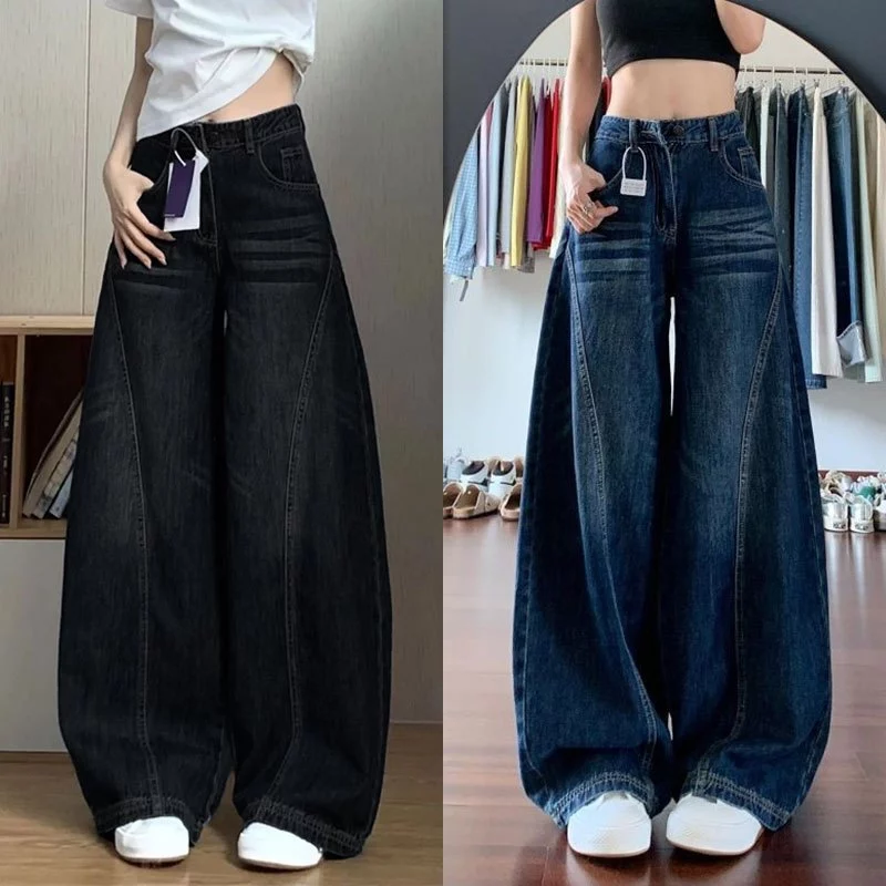 919JEANS กางเกงยีนส์ทรงหลวมโค้งมนสไตล์อเมริกันแบบยูนิเซ็กส์ ทันสมัย สีดำเข้ม สีน้ำเงินเข้ม