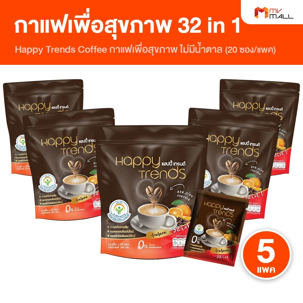 Happy Trends Coffee แฮปปี้เทรนด์ กาแฟอาราบิก้าแท้ ผสมคอลลาเจน คาเฟอีนไม่สูงไม่ทำให้ใจสั่น แพคเกจใหม่