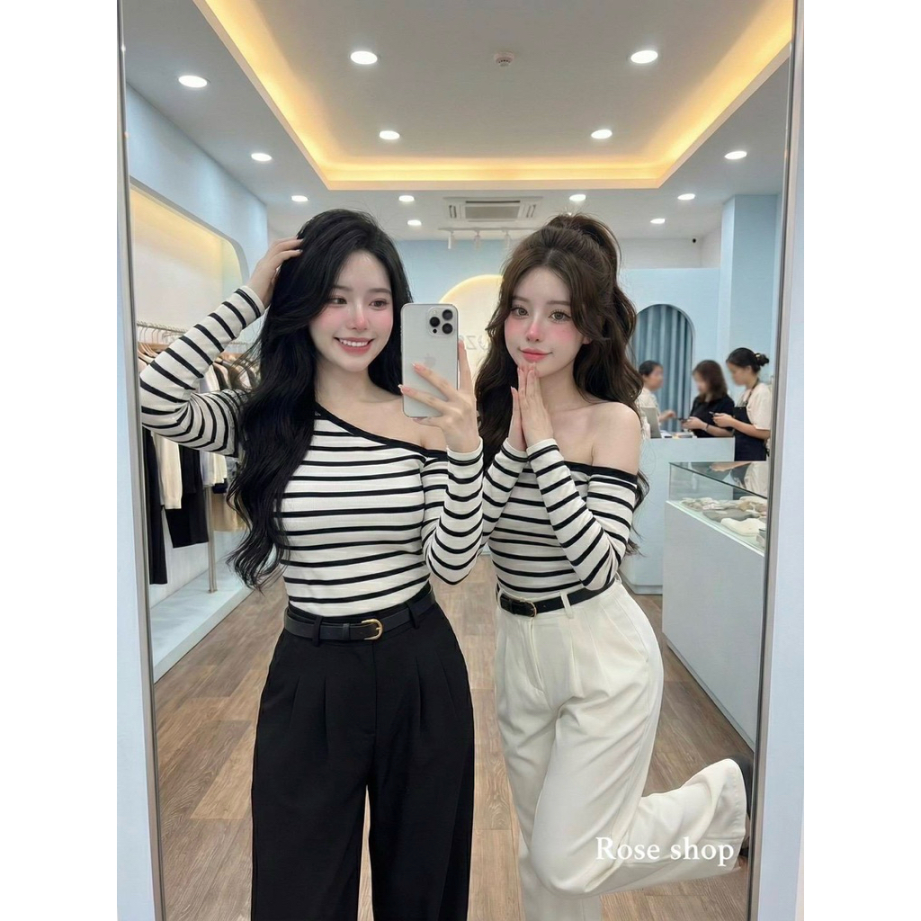#Roseshop setเสื้อปาดไหล่ ลายริ้ว + กางเกงขายาวแถมเข็มขัด ลุคนี้สวยไฮโซสุด สาวติดแกรม