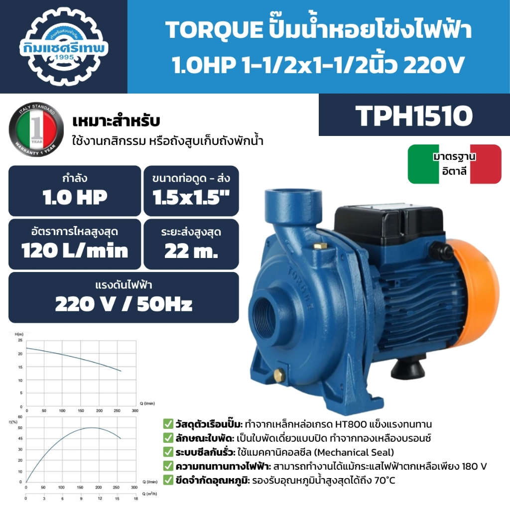 TORQUE ปั๊มน้ำหอยโข่งไฟฟ้า 1.0HP 1-1/2x1-1/2" 220V รุ่น TPH1510