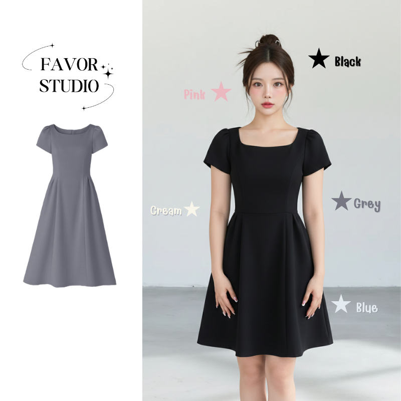 【XS-5XL】 เดรสยาวปานกลาง คอเหลี่ยม แขนสั้น เดรส A-line เรียบหรู ชุดทำงานสุภาพ เข้ารูป พลัสไซซ์