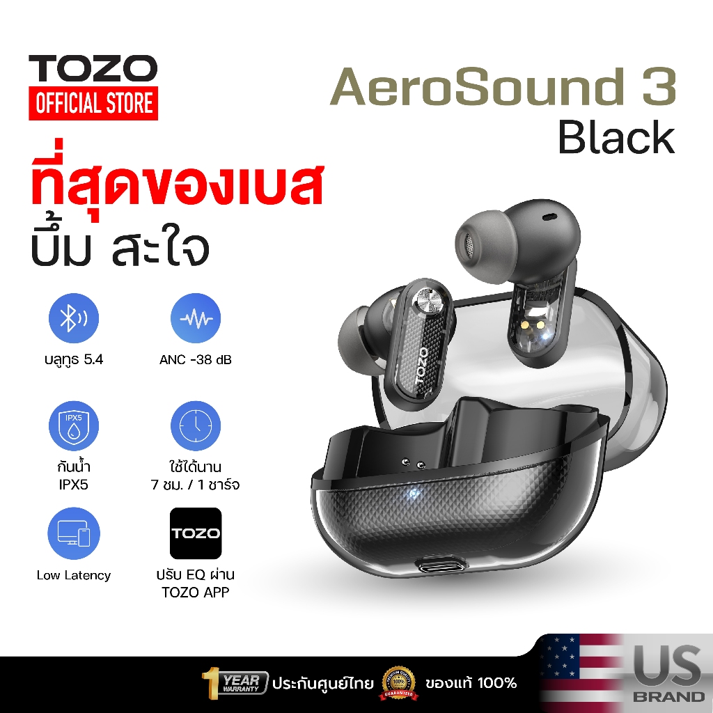 [ประกันศูนย์ไทย] TOZO AeroSound 3 หูฟังบลูทูธ หูฟังไร้สาย หูฟังอินเอีย เบสหนัก Bluetooth 5.4  IPX5 Game Mode