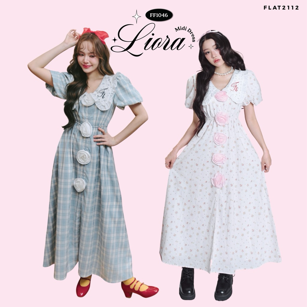 FLAT2112 : LIORA MIDI DRESS เดรสยาว เดรสแขนสั้น เดรสลายสก็อต ชุดออกงาน (FF1046)