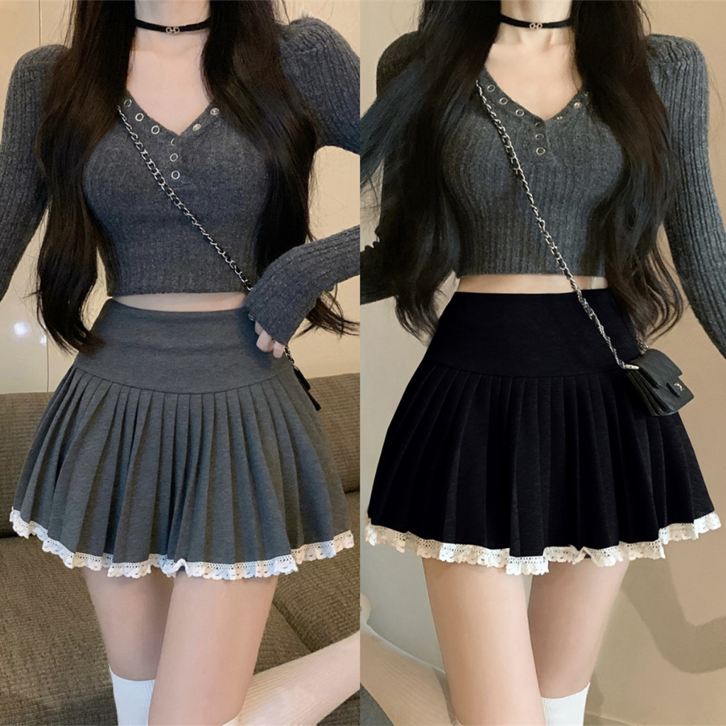 กระโปรงสั้น เอวสูง กระโปรงเทนนิส Pleated skirt ขอบลูกไม้ ผ้าคุณภาพสูง มีซับในในตัว พร้อมส่ง