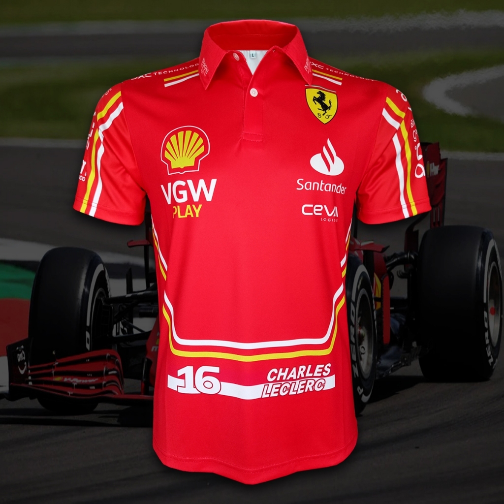 เสื้อโปโล ฟอร์มูลาวัน ทีม เฟอร์รารี่ เอฟวัน 2024  #FM0097รุ่น Charles Leclerc#16  พิมพ์ทั้งตัว ราคา ถูกที่สุด ดีลบีเคเค