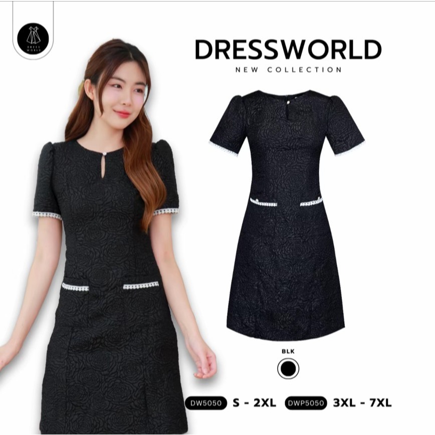 **เผื่อไซส์ {S-7XL} 5050 งานป้าย Dress World เดรสสั้นทรงเอ ลายกุหลาบ กระเป๋าใช้งานได้จริง