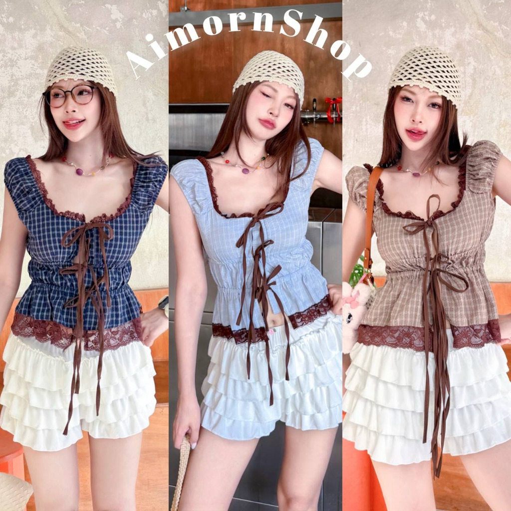 🔥aimorn_shop🔥เสื้อแขนตุ๊กตา ลายสก๊อต ตัดขอบลูกไม้ด้วยสีน้ำตาล ผูกโบว์ด้านหน้าสวยมาก