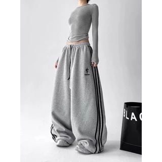 [Embroidery, striped casual pants]สไตล์อเมริกันวินเทจผู้หญิงเย็บปักถักร้อยเทรนด์สบาย ๆ ลายกางเกงขากว้าง