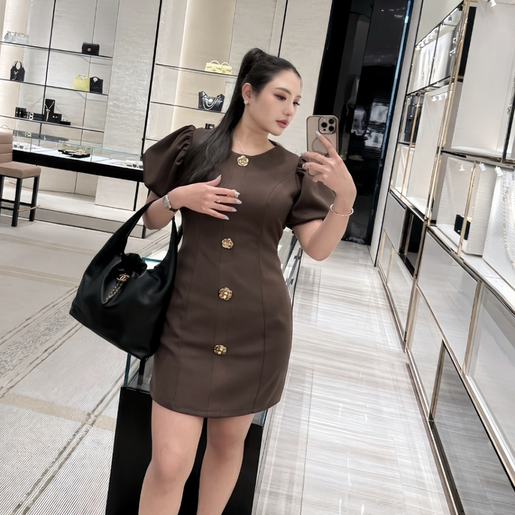 D75 Rosebuttondress Muenfun เดรสสาวอวบ