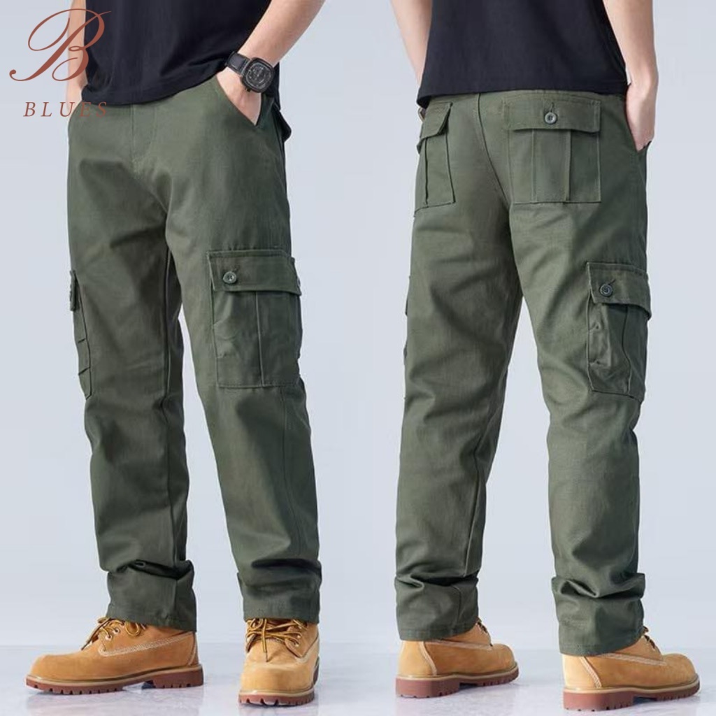 B BLUES กางเกงคาร์โก้ 6 กระเป๋า ผ้าคอตตอน ผ้าหนา เอว 32-38 นิ้ว