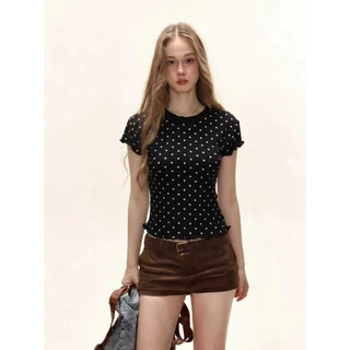 VaVa【ในสต็อก】เสื้อยืดแขนสั้นลายดาวสไตล์เรโทรอเมริกันสำหรับผู้หญิง เสื้อครอปสำหรับฤดูร้อน