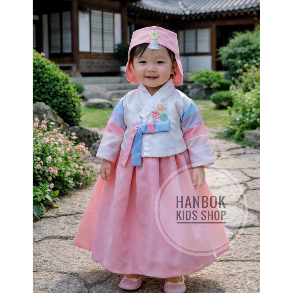 ชุดฮันบก สำหรับเด็กหญิง สีขาว-ชมพู ผ้าไหมสังเคราะห์ พร้อมหมวก