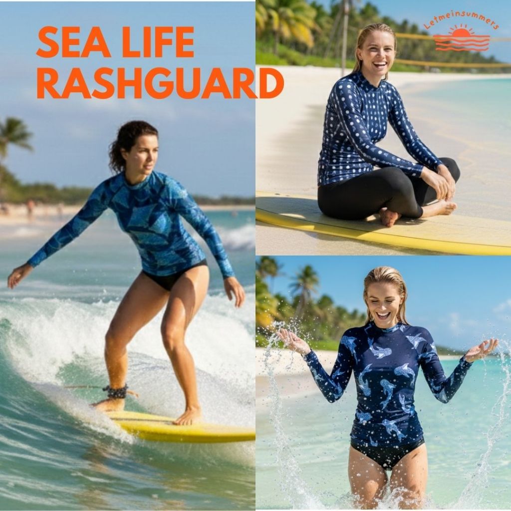🌈Letmeinsummers🌈 Sea Life Rashguard เสื้อว่ายน้ำแขนยาว เสื้อว่ายน้ำผู้หญิง เสื้อว่ายน้ำ ลายสัตว์น้ำ กันUV มีฟองน้ำ MD500