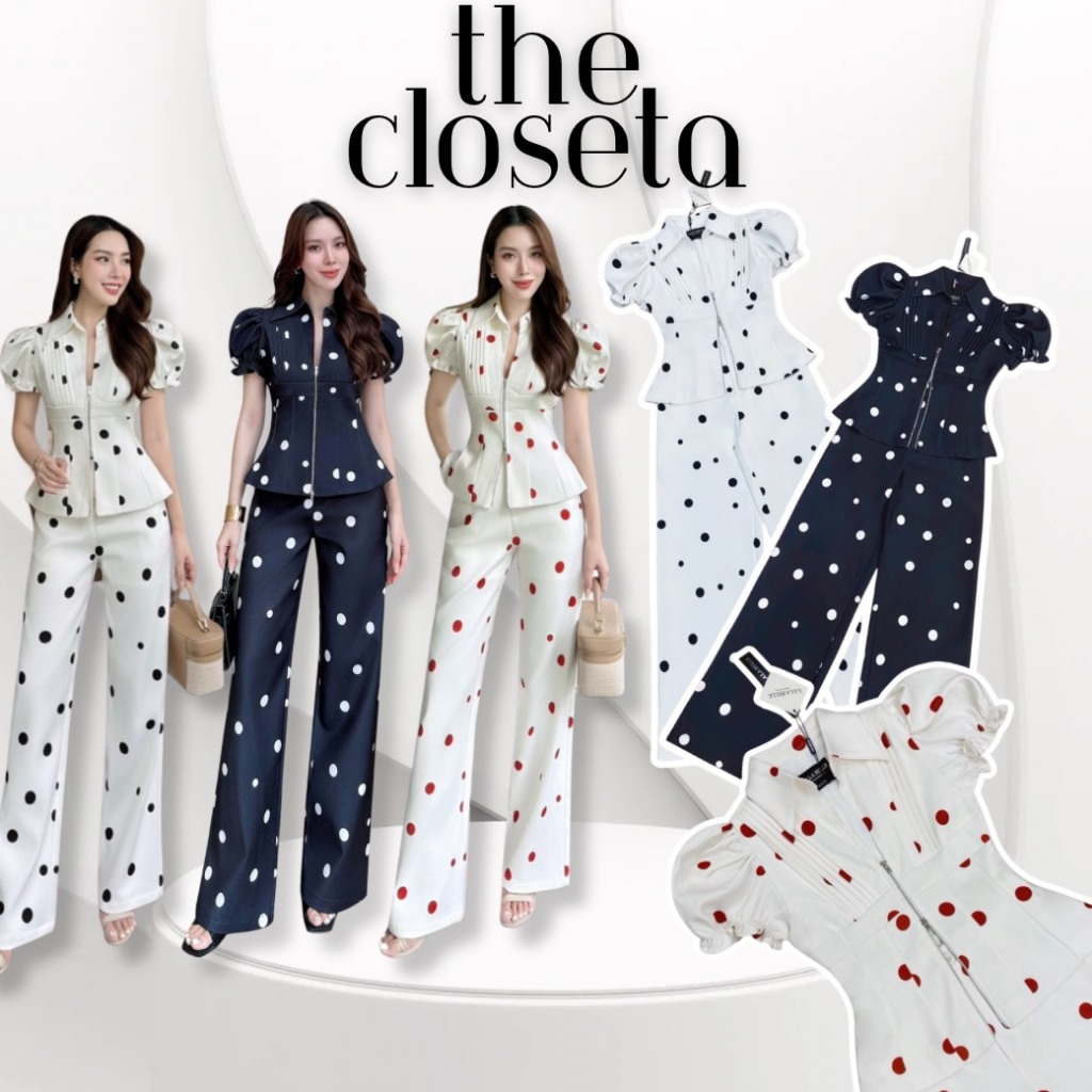 THE CLOSETA : LB562 ชุดเซ็ทเสื้อแขนตุ๊กตา+กางเกงขายาว ลายPolka dot- แขนตุ๊กตา