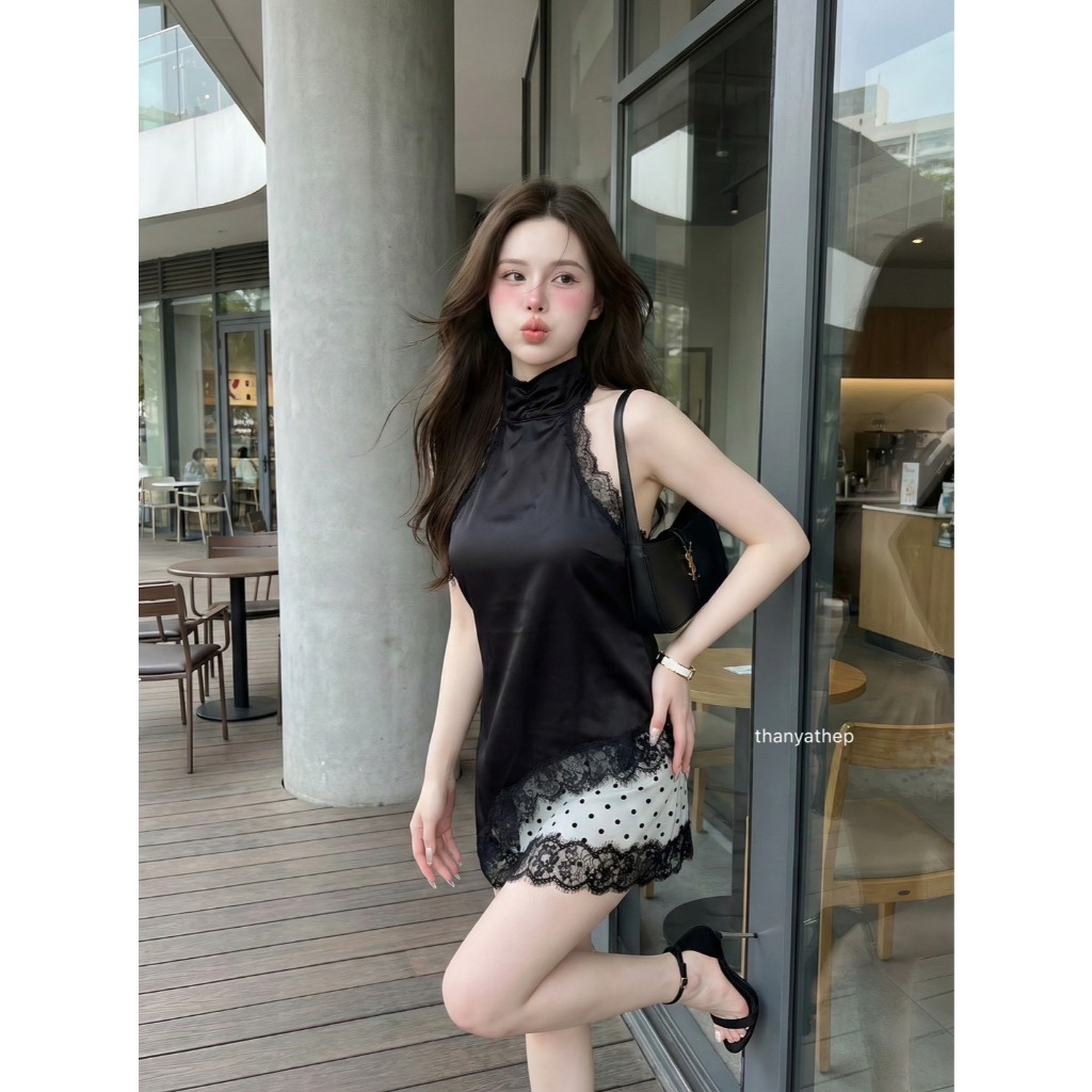 🤍เรียบหรูดูแพงมากก  เซท2ชิ้น เสื้อซาตินตัวยาวแต่งลูกไม้ผ้าหนาสวยแพงหรูหราไฮโซสุดๆคู่กระโปรงสั้นลายจุดแต่งลูกไม้