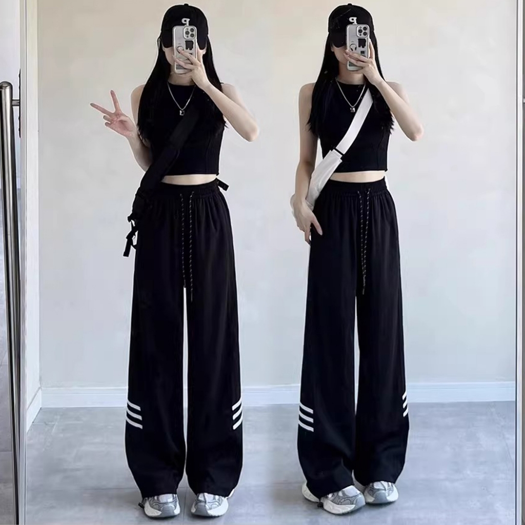 S~5XL Baggy pants Black กางเกงกีฬาขายาวทรงตรงสีดำอินเทรนด์ 2026 ใหม่กางเกงกีฬาลำลองทรงหลวมเอวสูง Elastic band design HOT