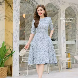 DL07 (**ผ้าลัชชูลายชบา **)เดรสออกงานแขน3ส่วน ชุดทำงาน ชุดไปคาเฟ่สวยสุภาพเรียบหรู (ลงตรงไซส์)