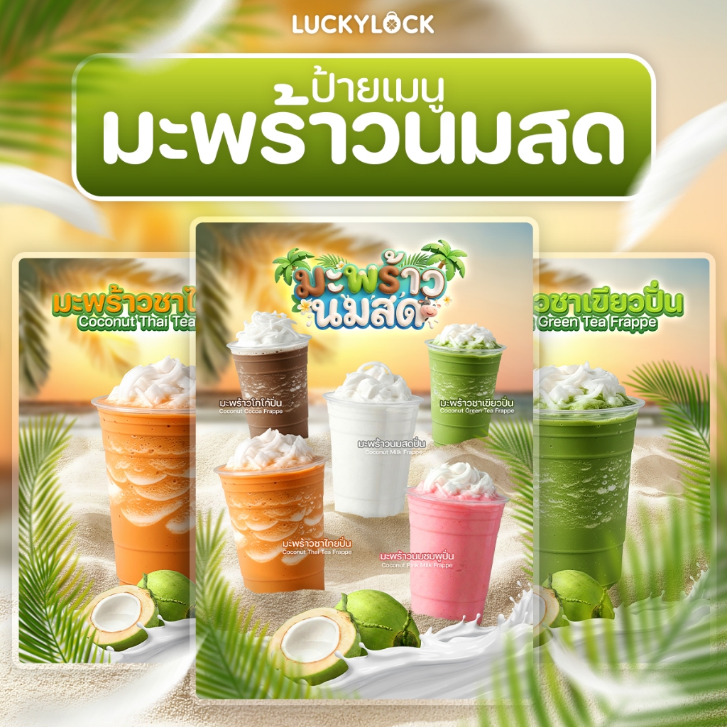 ป้ายเมนูมะพร้าวนมสดปั่น ป้ายโปสเตอร์สำหรับร้านค้าและคาเฟ่ เคลือบแข็งพร้อมใช้งาน
